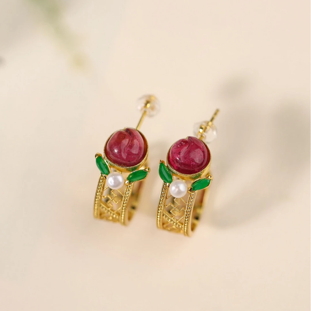 【碧桃】原创国风新中式设计碧玺小桃子耳饰