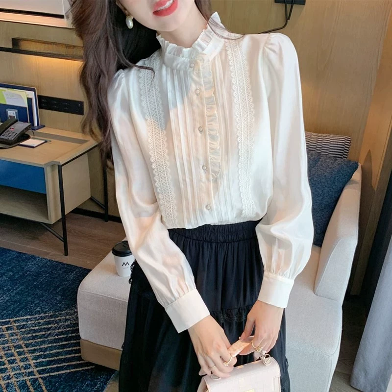 法式木耳边立领衬衫女轻奢高级感减龄洋气秋装2025年超火新款打底