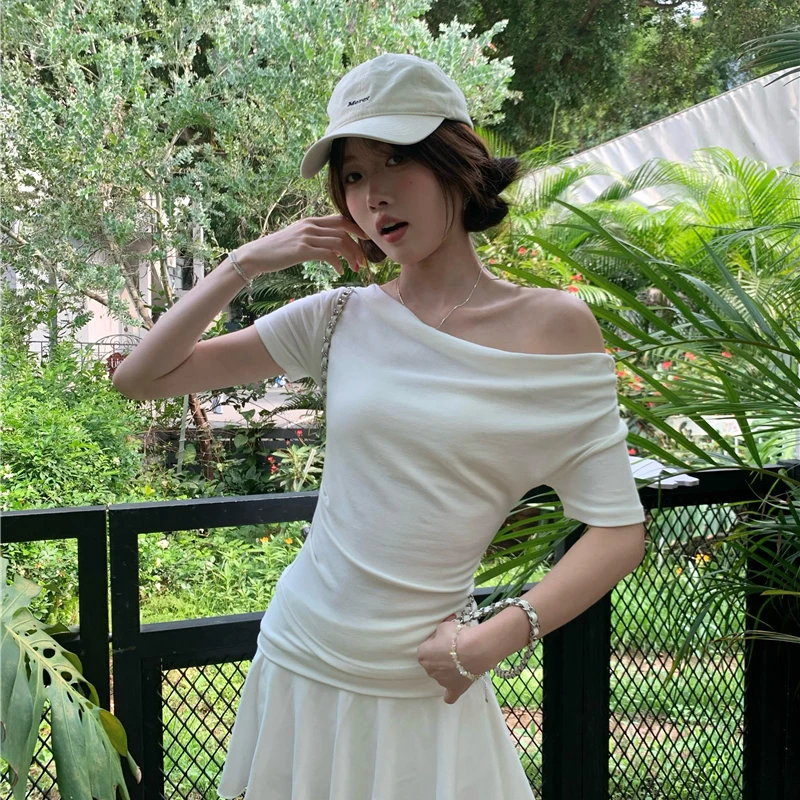 温柔千金荡领短袖气质洋气衣服女夏季小心机露肩甜美可爱气质纯欲