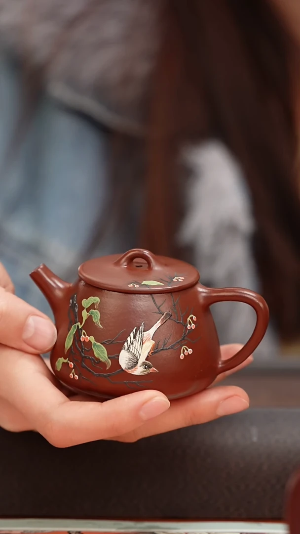【闪购商品】紫砂茶壶朱泥雀上枝头泥绘小高瓢100CC