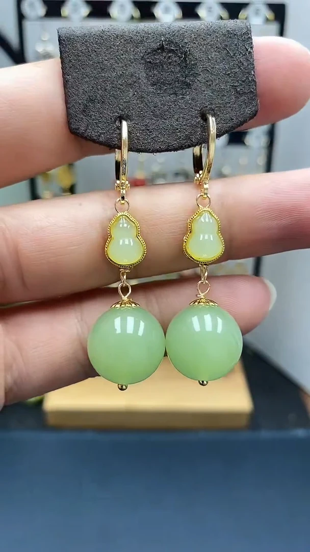 和田玉银S925镀金镶嵌耳饰尺寸14mm耳扣Z1