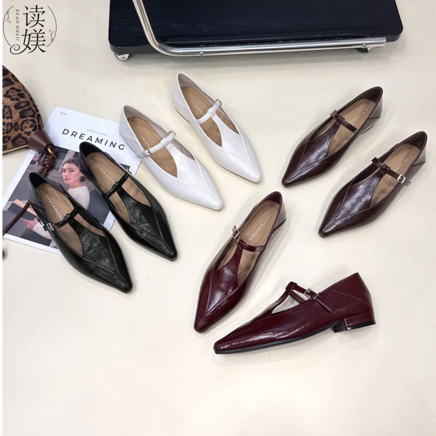 读媄精致巨软玛丽珍春新款气质百搭单鞋尖头一字扣带平底鞋 25131