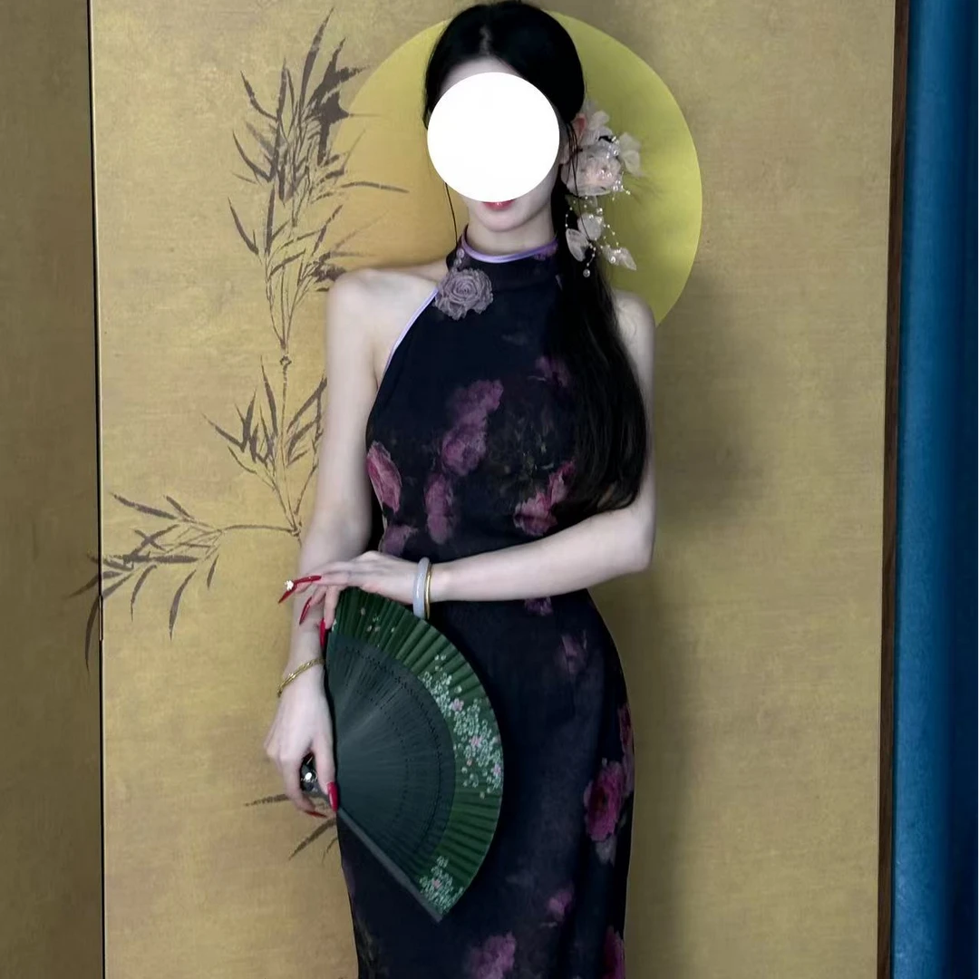 LHMknk1画报夫人原创自制夏季显瘦新中式紫色长款旗袍 黑山月紫