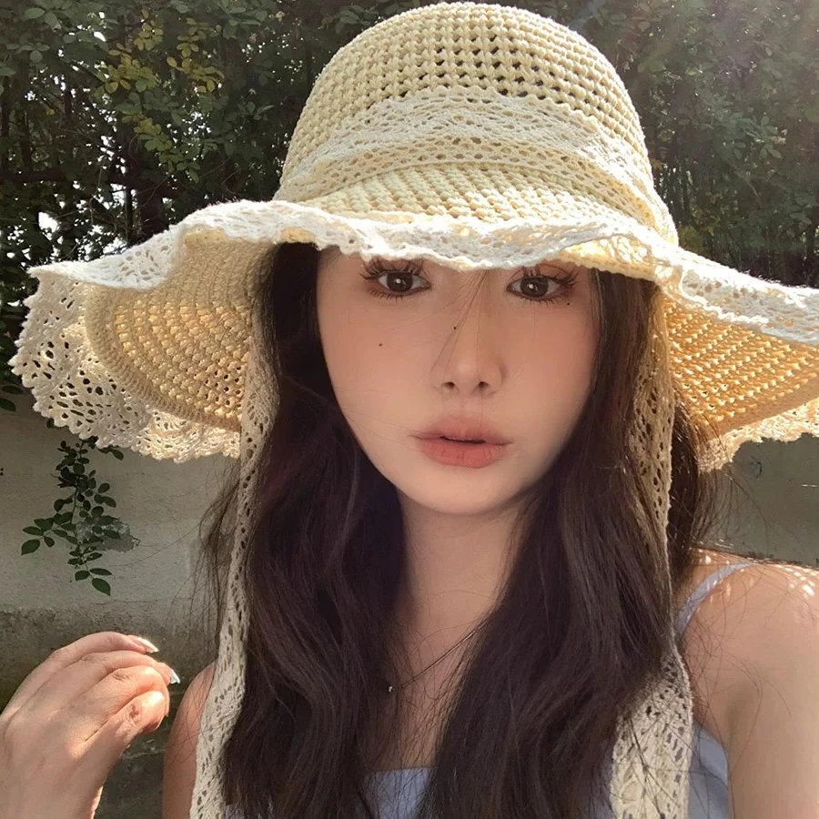 草帽ins韩版系带镂空草帽女夏出游防晒沙滩太阳帽蕾丝花边遮阳帽