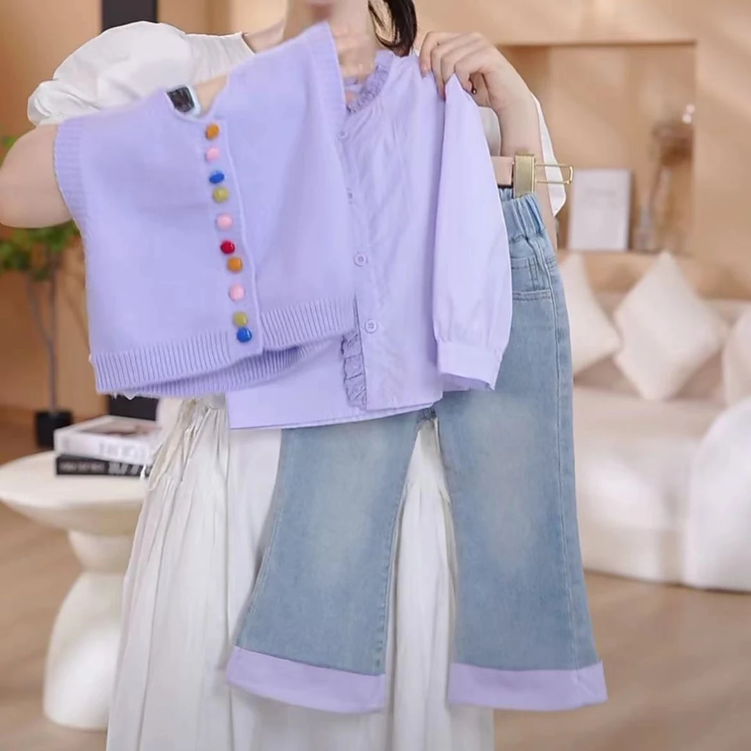 女童春秋款套装2025新款儿童装洋气中童针织马甲衬衫牛仔裤三件套