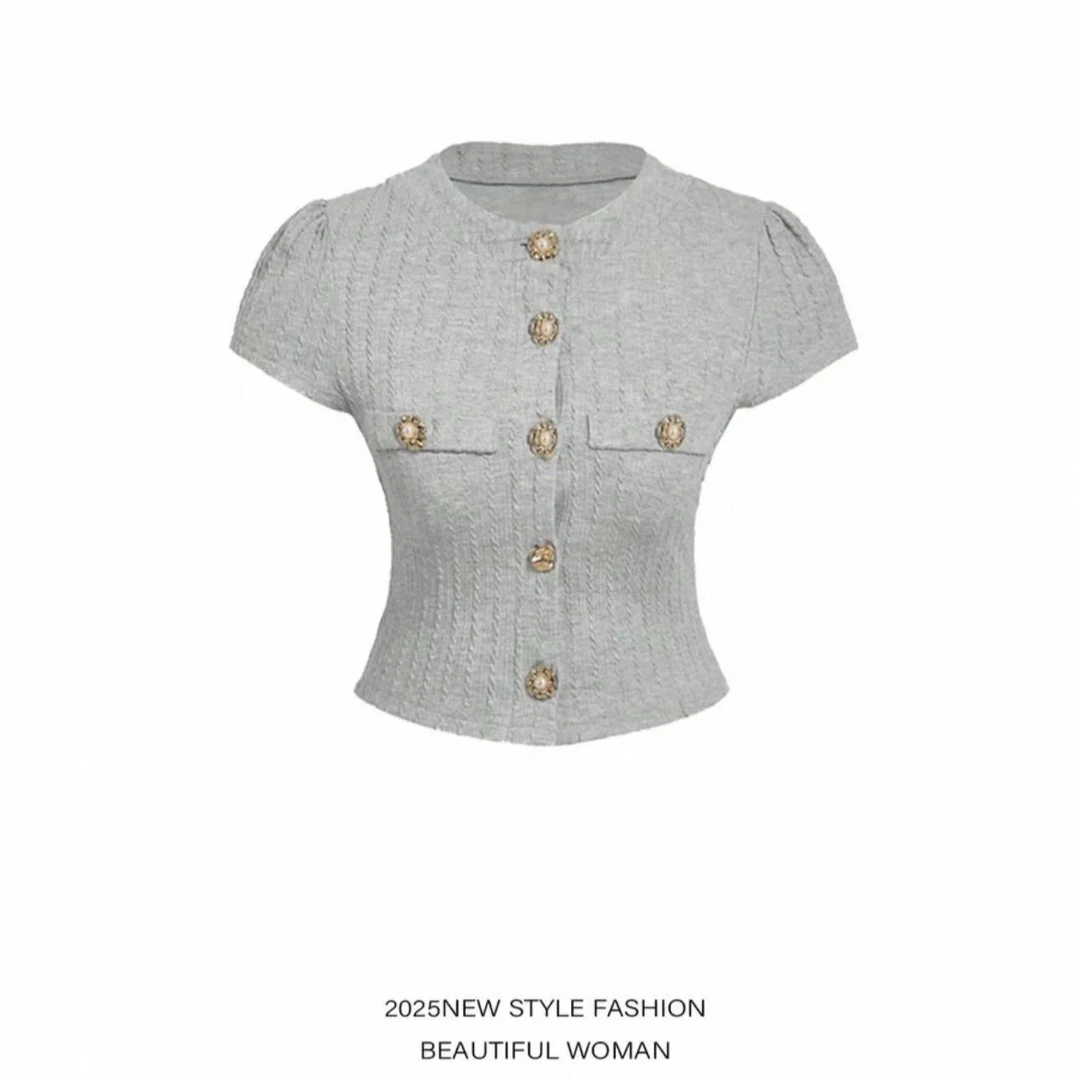 【现货】轻奢针织短袖2025夏季新款小香风气质金属纽扣设计短款开衫