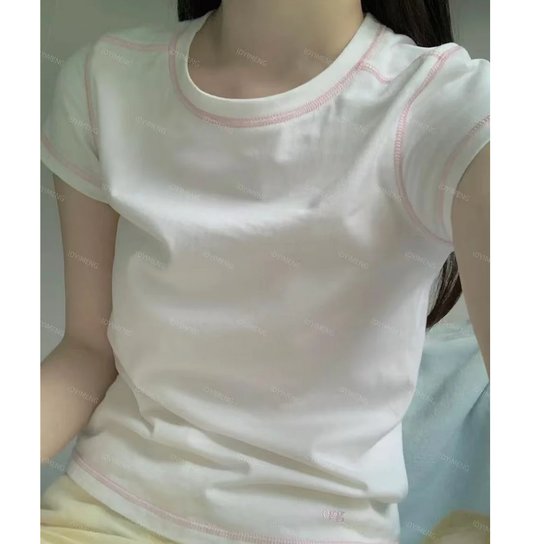 鸡蛋家春季新款麻丝撞色拼接短袖-25132