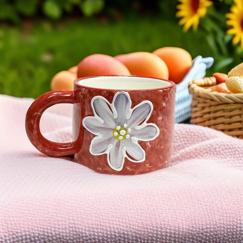 手绘新款早餐杯花朵重工燕麦杯釉下彩水杯浮雕杯子无瑕特价