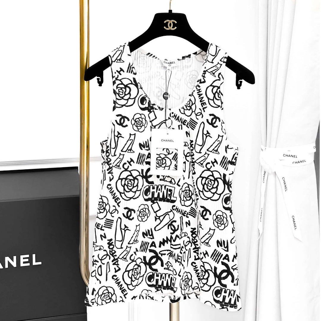99新 Chanel/香奈儿 40码 白色拼黑色 山茶花字母 无袖 背心