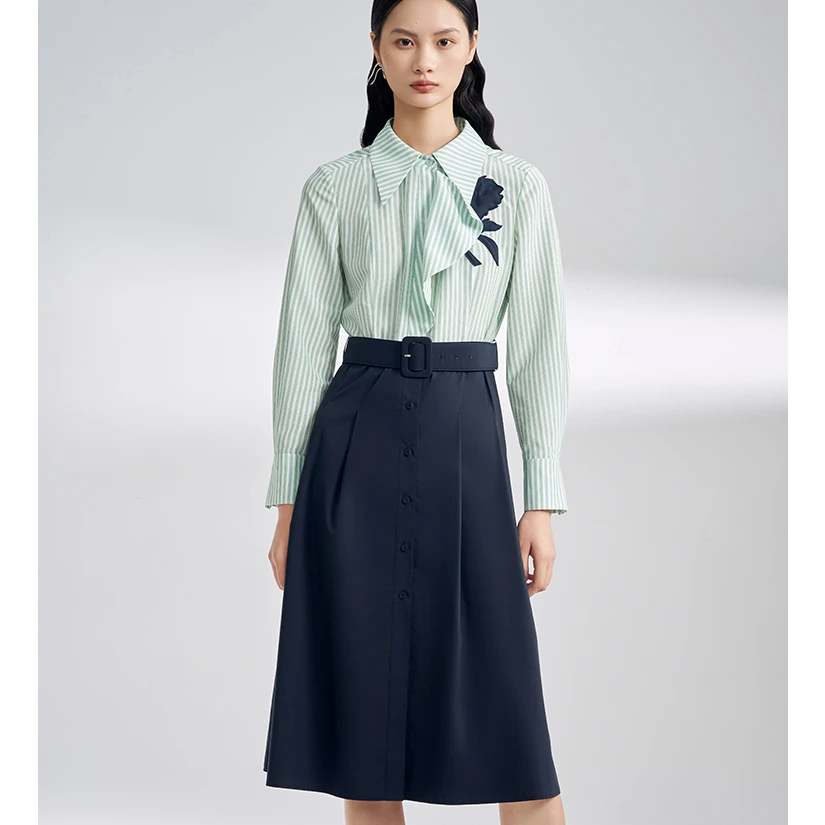 墨蒂珂【羊羊专属】新款荷叶边拼接衬衫领条纹连衣裙MIC90405