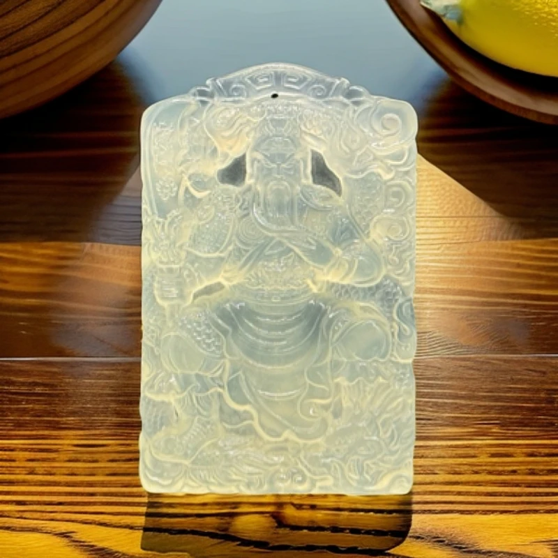 岫玉白冰关公吊坠男士时尚复古纯手工实心工艺素款