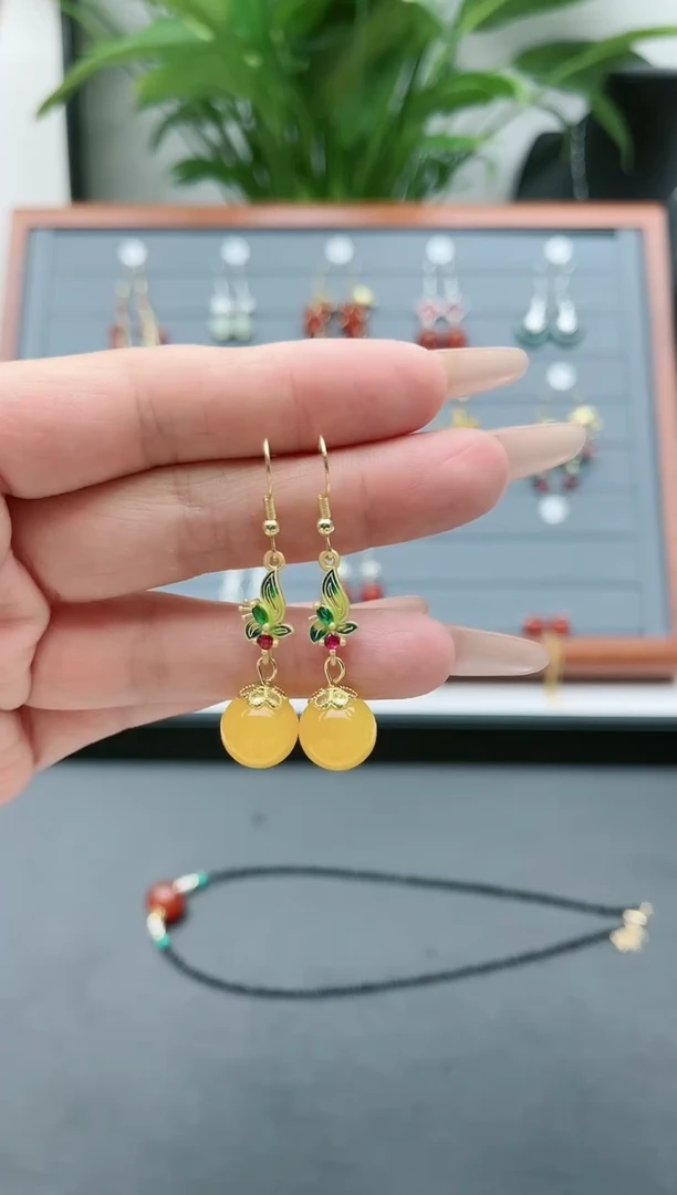 【闪购商品】玛瑙/玉髓耳饰银S925镀金镶嵌9