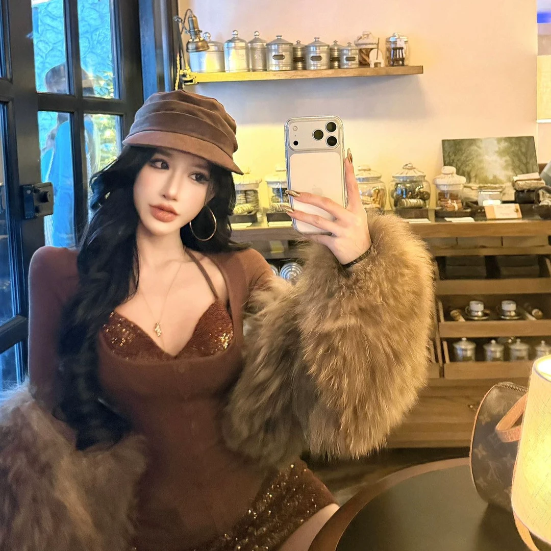 韩式搭配一整套冬装女2025新款蕾丝拼长袖真两件上衣包臀半裙套装