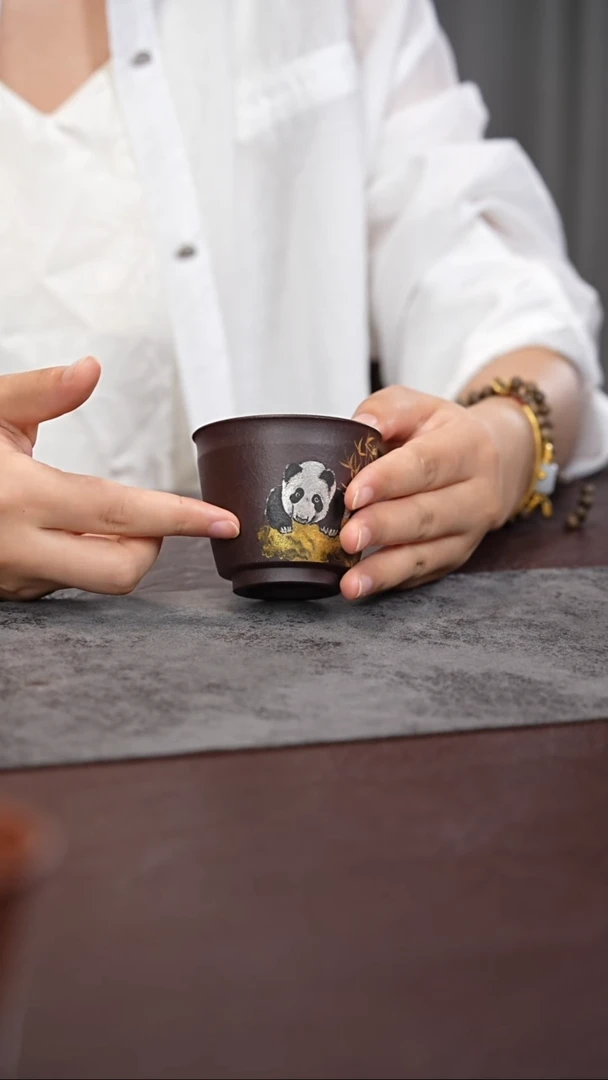 茶杯紫砂紫泥 金银熊猫 主人杯
