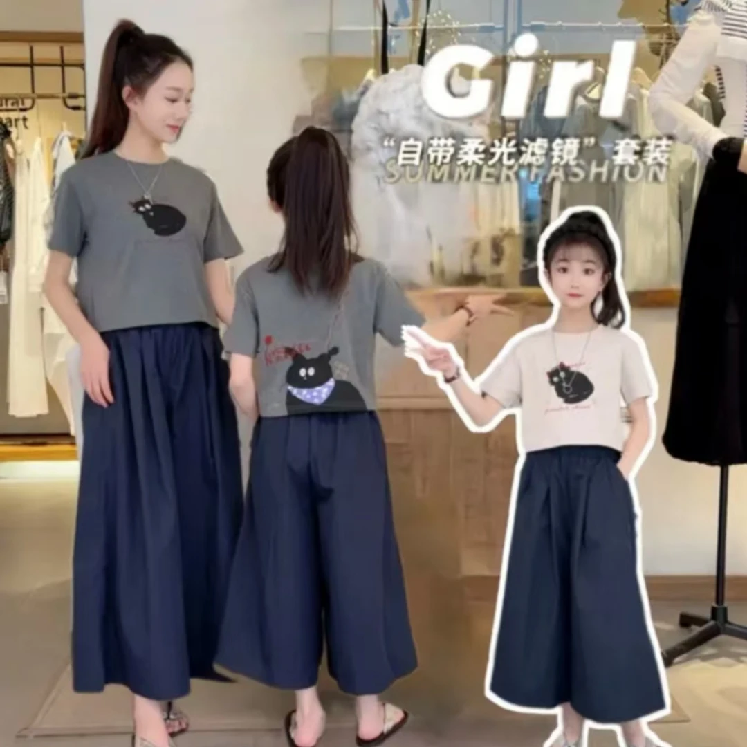 女童夏季阔腿裤套装2025韩系猫咪短袖T恤裙裤两件套
