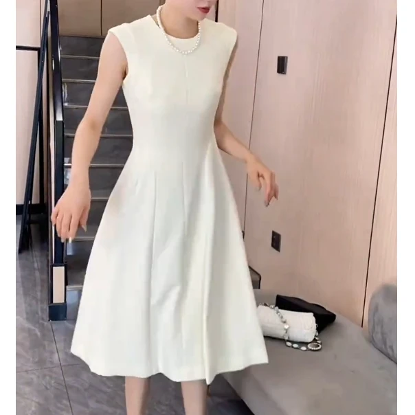 夏季时尚圆领无袖收腰修身显瘦中长款气质连衣裙FJ50801