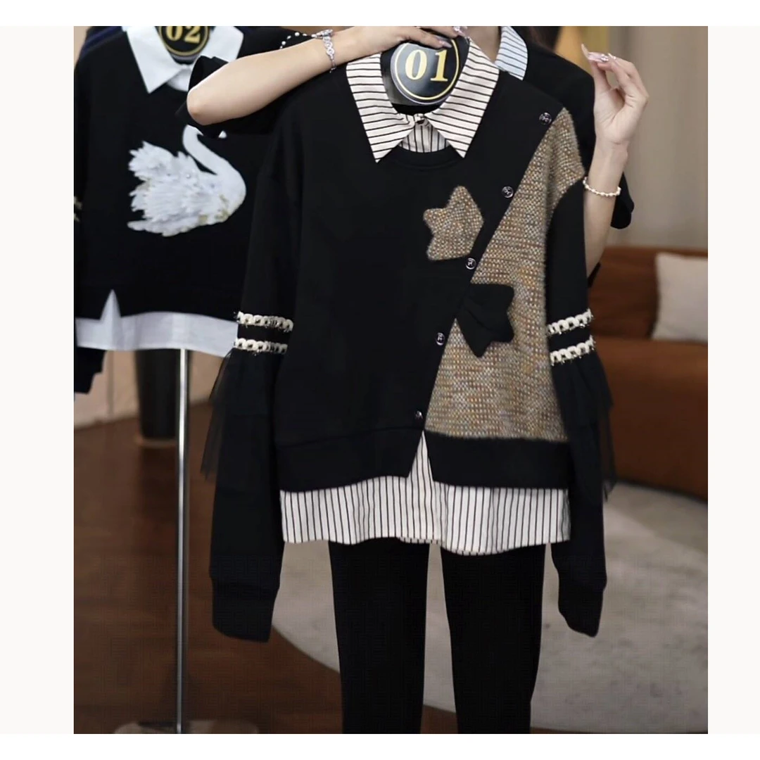 秋冬时尚轻奢简约舒适感设计重工显瘦假两件气质卫衣