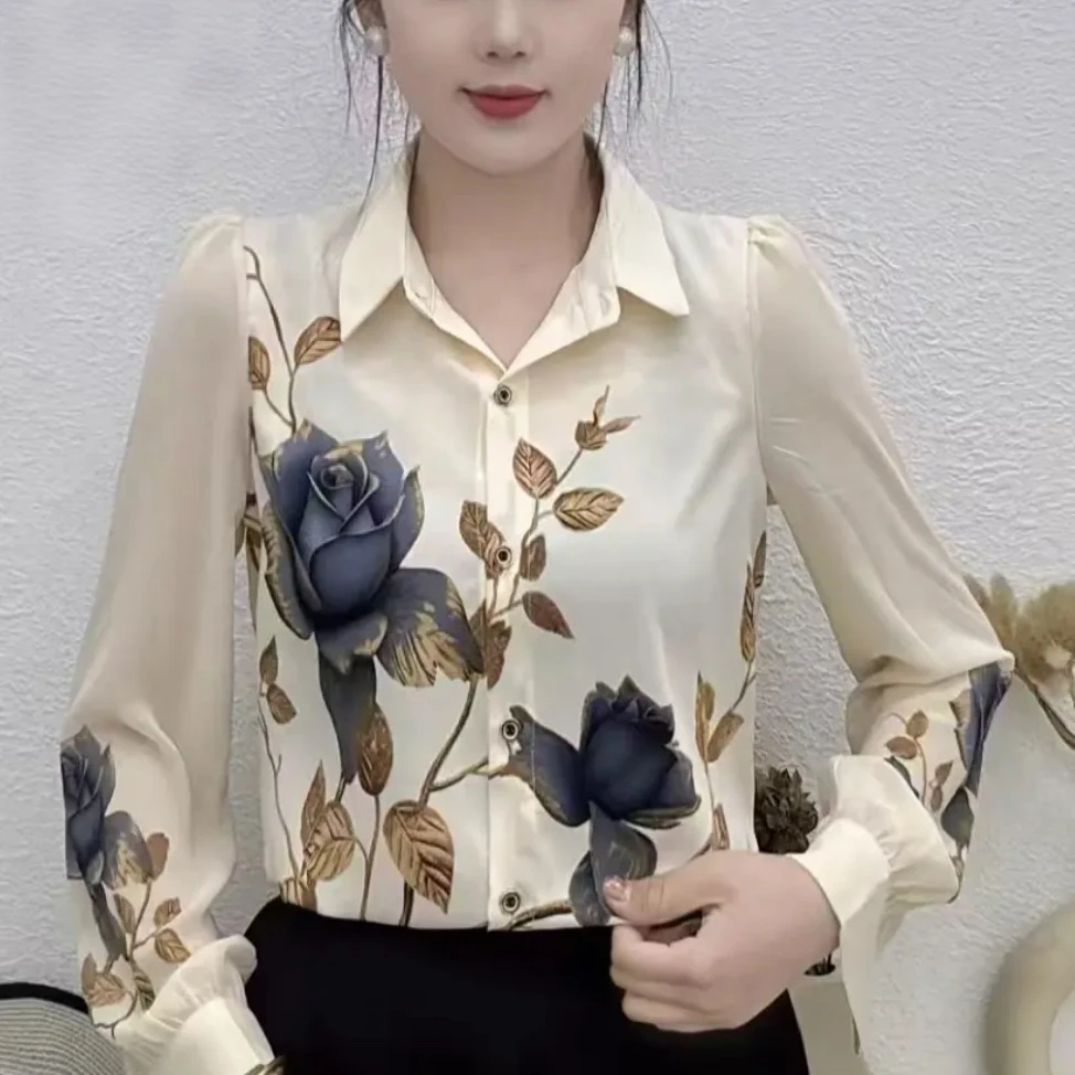 【木瑶女装】2025女款印花气质洋气拼接印染长袖春季显瘦设计感衬衫