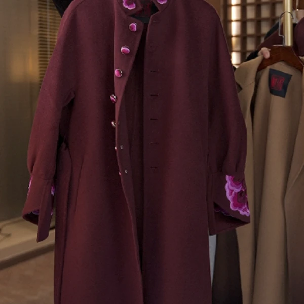【PUHUA-朴婳】秋冬毛呢外套酒红色中式时尚羊毛大衣076