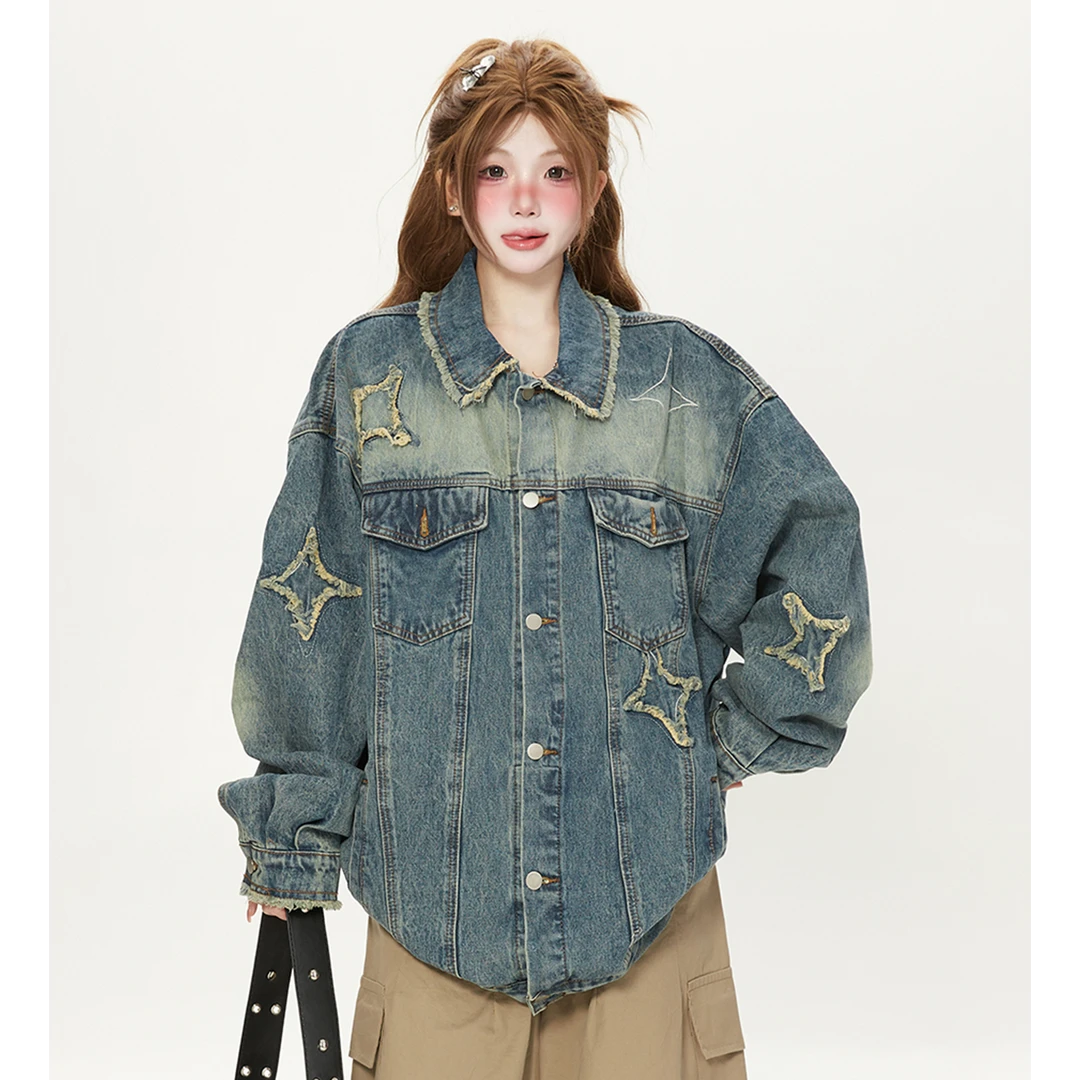 300斤大码女装胖mm秋季复古星星贴布绣毛边牛仔外套女宽松上衣潮