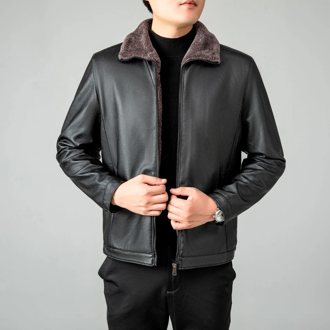 【文总专属】新款男士商务荔枝纹加绒加厚皮衣-015