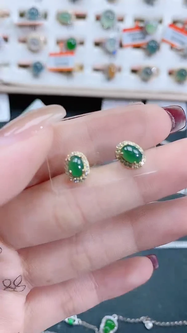 银S925镶嵌翡翠耳饰天然翡翠