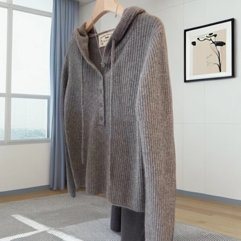 秋冬季100%羊毛衫女时尚连帽坑条纯色宽松显瘦套头针织毛衣SZ911