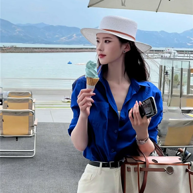 克莱因蓝色衬衫外套女早春2025新款春秋长袖衬衣法式气质宽松上衣