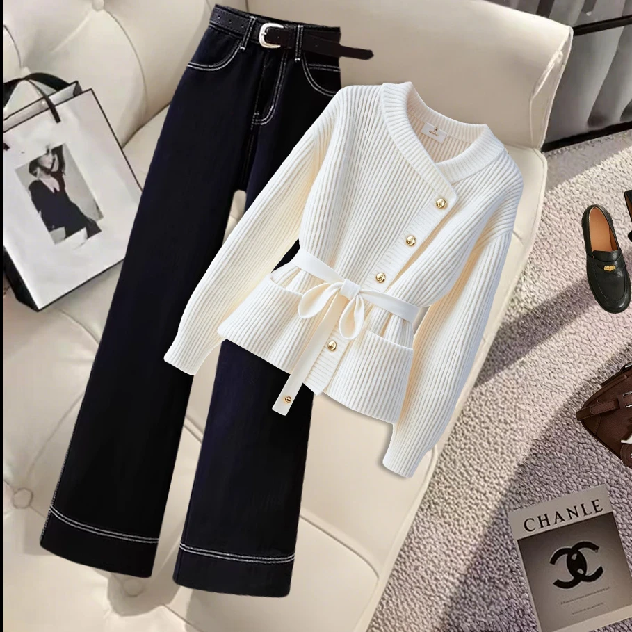 2025高贵两件套时尚女装法式慵懒风减龄白毛衣女百搭休闲阔腿裤女
