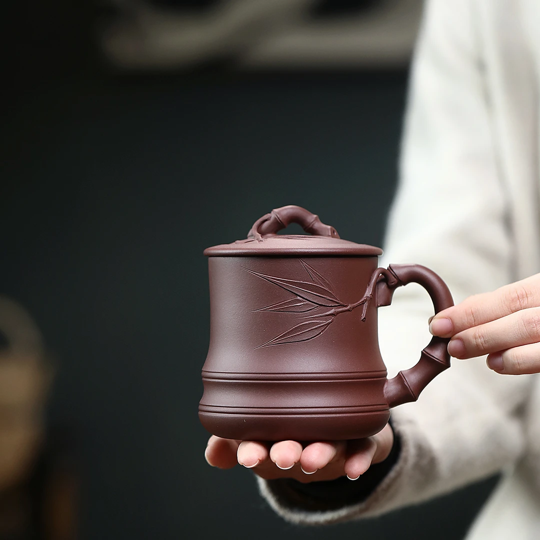 宜兴原矿紫砂手工泡茶盖杯贴叶竹节400cc左右紫泥
