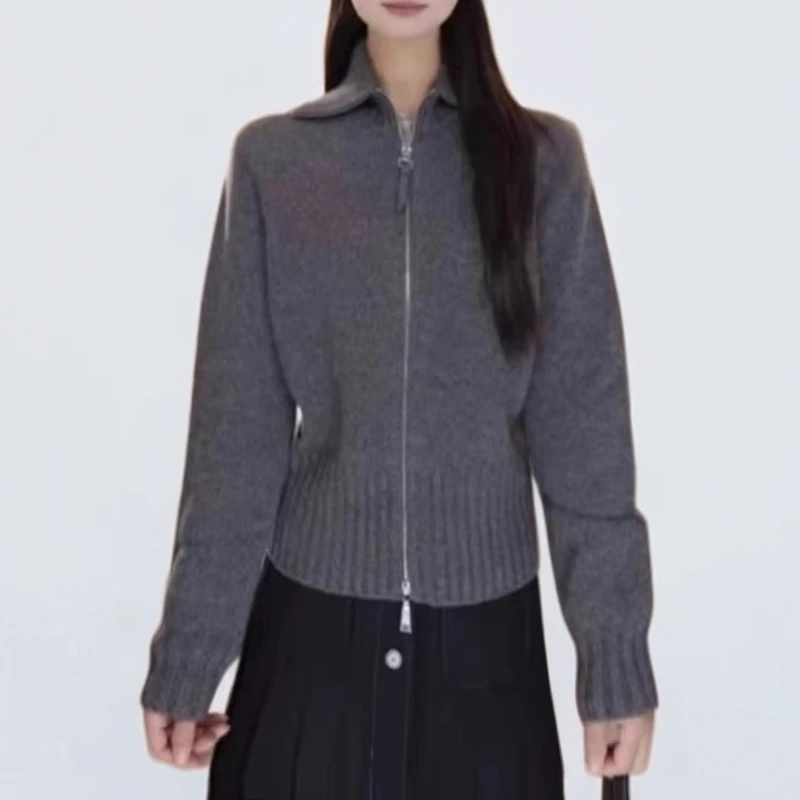 商场同款女装2025秋冬新款时尚百搭翻领双拉链针织开衫外套148040