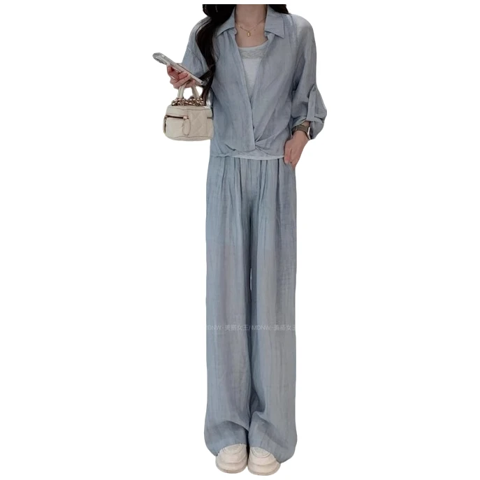 拉夏贝尔雪纺时尚套装女夏季新款洋气薄款防晒衬衫背心阔腿三件套