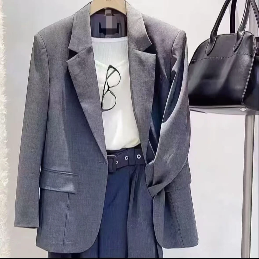 艾家轻奢女装/2025新款烟灰色百搭休闲西装外套