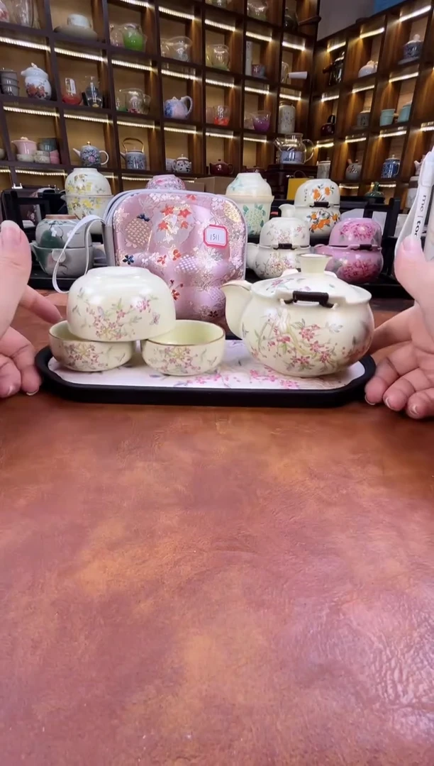 瓷片桃花1壶3杯宝瓶旅行+长方桃花盘