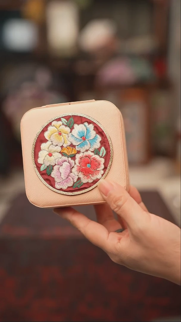 扇子首饰盒 绣花双面非遗