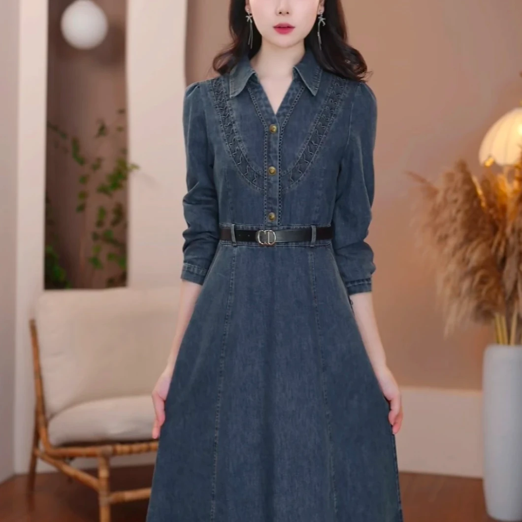 汉派鑫源服饰【新款-818】新款秋季时尚显瘦牛仔蓝九分袖连衣裙裙子