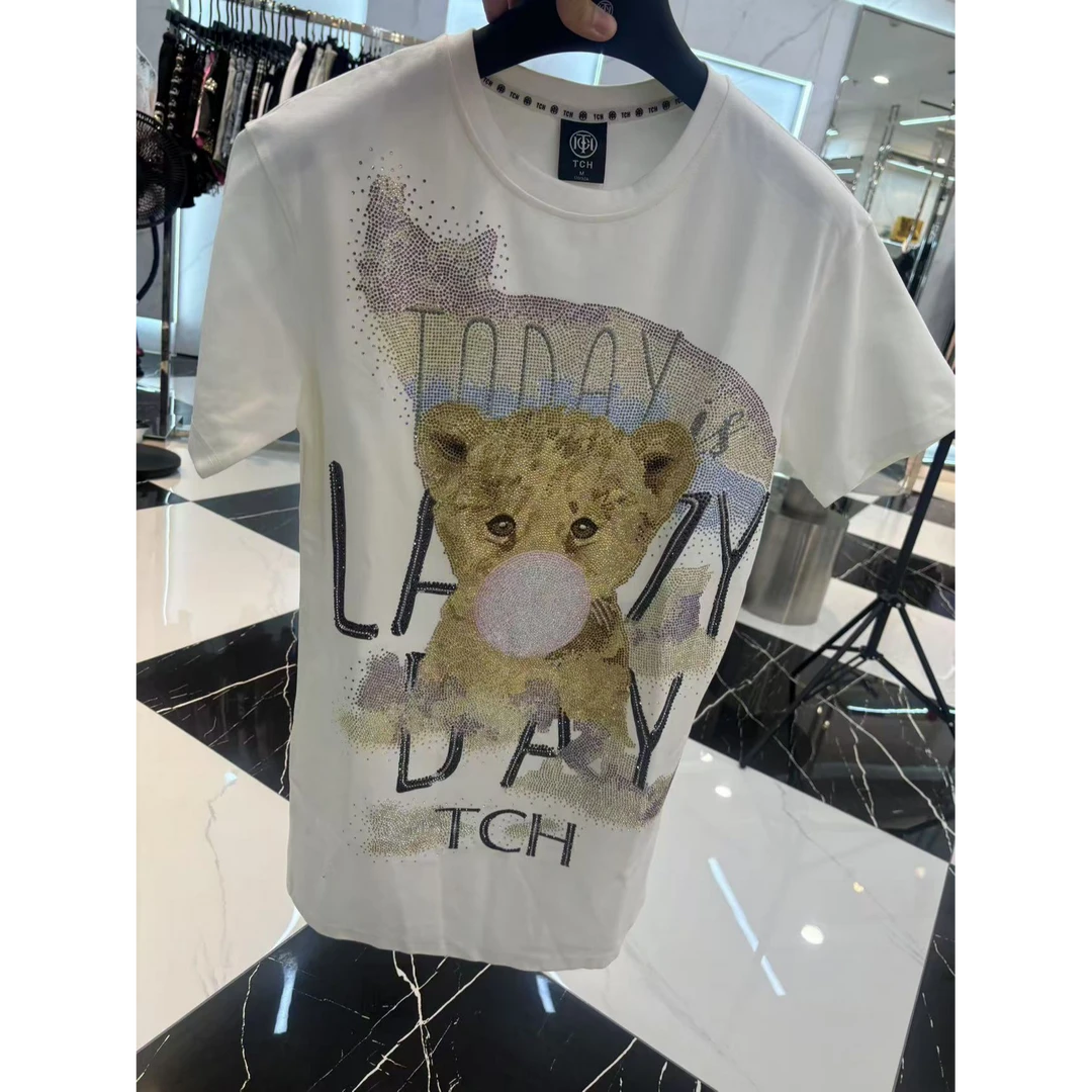 TCH轻奢烫钻工艺白色卡通小豹子连衣裙女T21130C6005私服tch