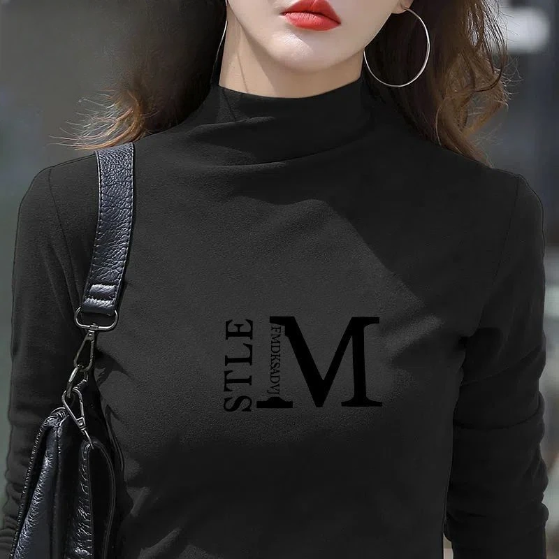 春秋新款2023德绒半高领打底衫女宽松外穿t恤衫保暖衣