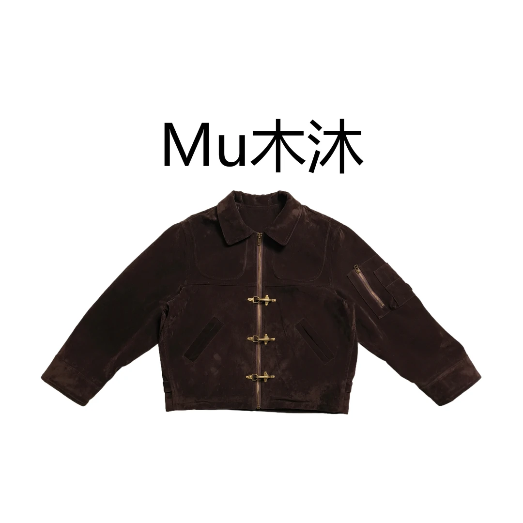 Mu木沐♠新品复古绒面金属扣针织袖口外套