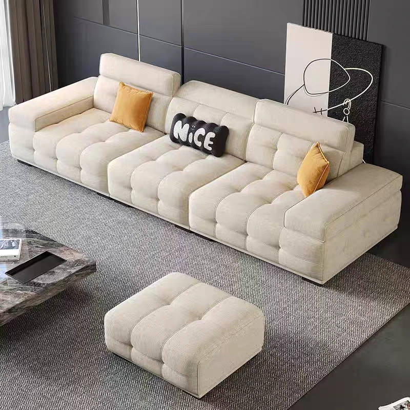 高端意式极简劳伦斯布艺沙发雪尼尔棉麻布艺直排沙发奶油风高靠背