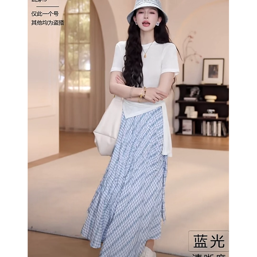夏季穿搭一整套纯色圆领绑带t恤上衣+松紧斜纹格子半身裙两件套夏