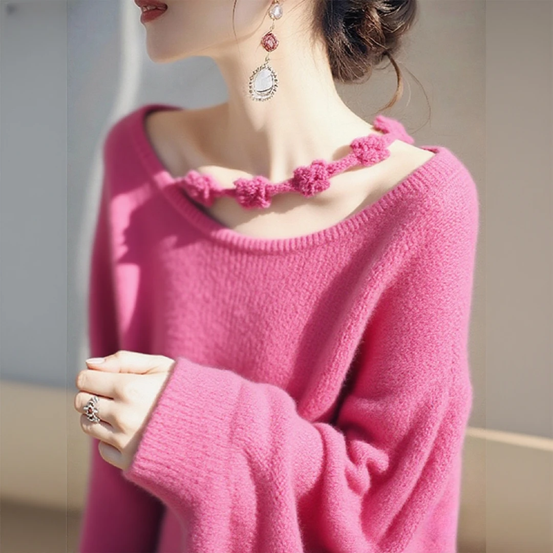 早秋小众设计独特别致立体花朵韩系高级感百搭巨好看树霉粉针织衫