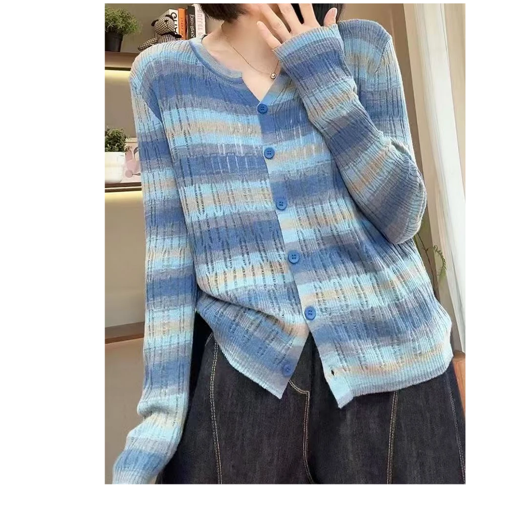 2025春季新款条纹短款气质针织开衫简约遮肚子显瘦长袖上衣洋气