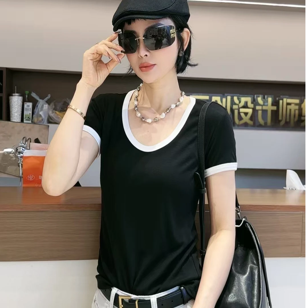 迷巧时尚夏季新款低U领修身显瘦体恤衫基础简约撞色上衣