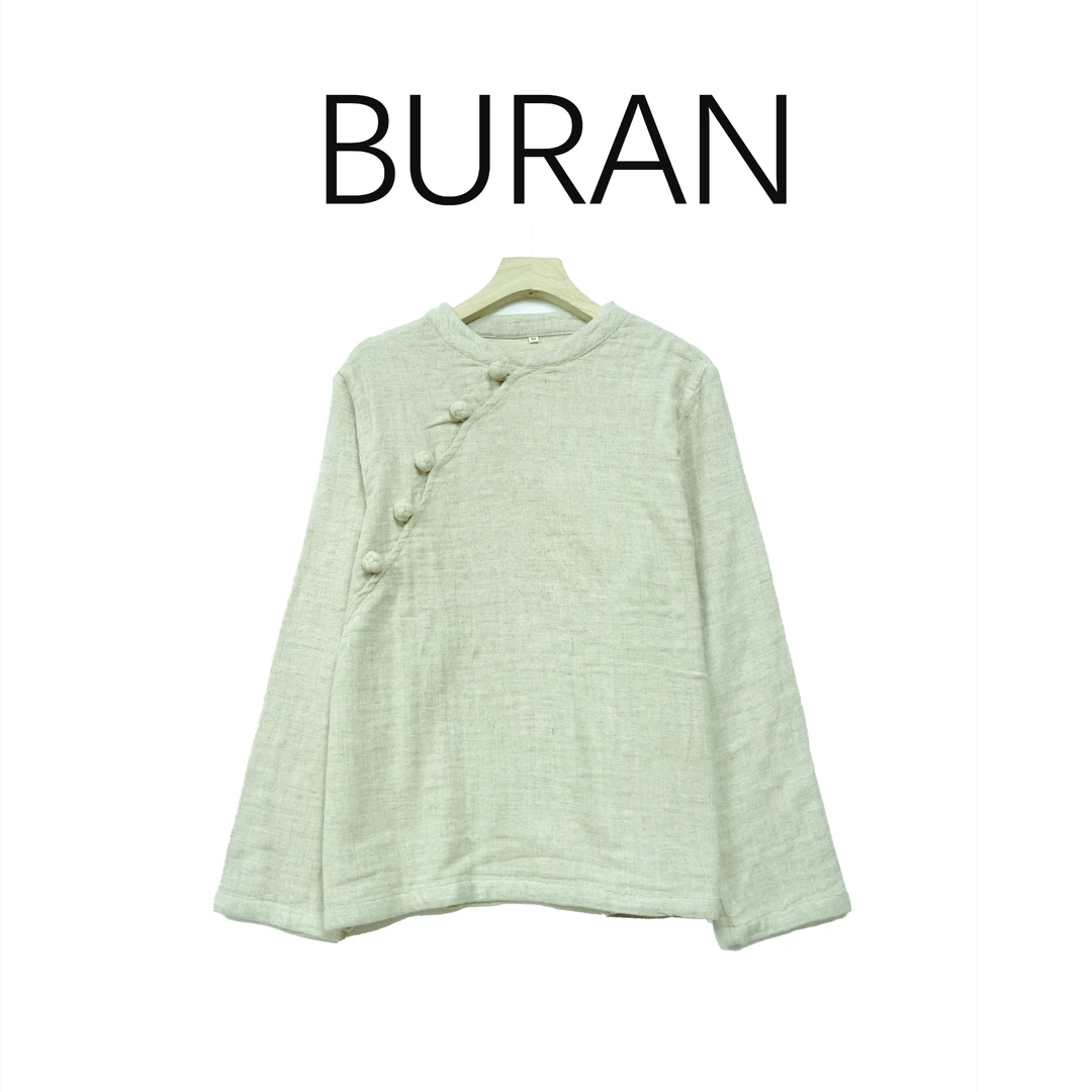 BRCP/布然初品春秋盘扣套头双层亚麻棉长袖复古休闲百搭9828-3