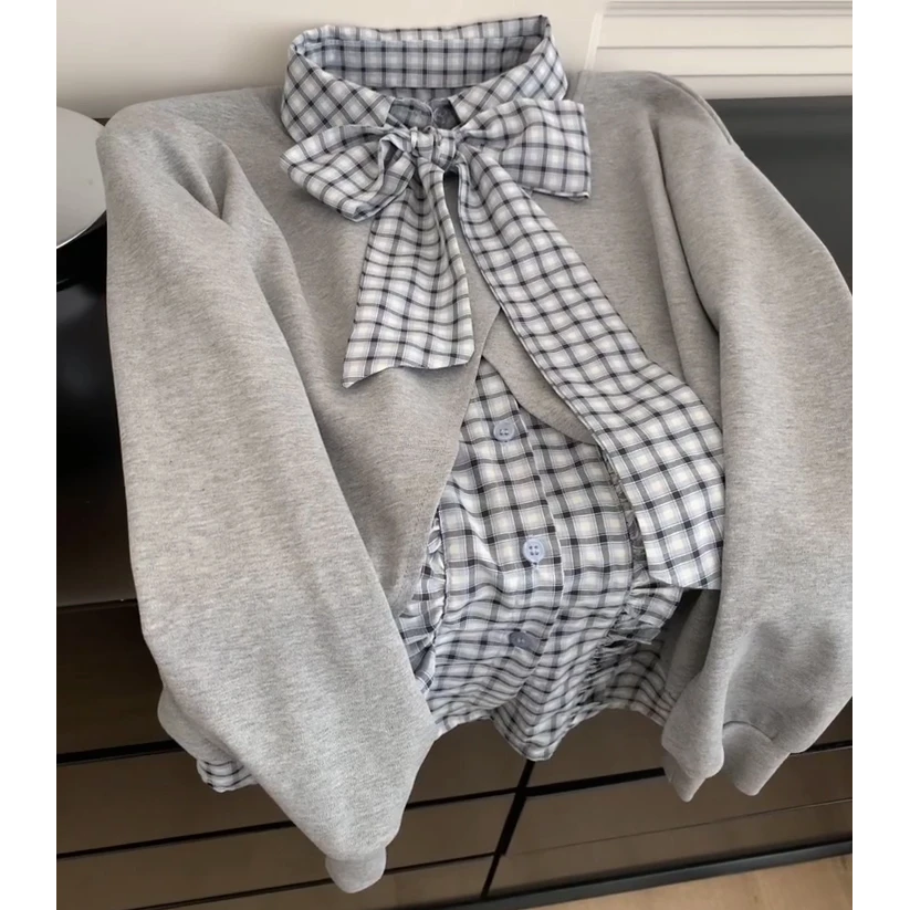 韩系格子拼接假两件长袖衬衫春季轻熟风气质休闲百搭显瘦衬衣上衣