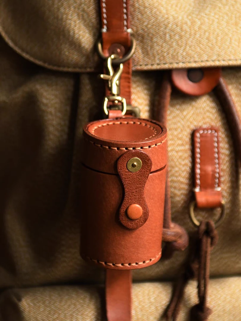 手工植鞣皮圆柱形收纳盒手缝线纯牛皮饰品收纳文玩核桃储物盒真皮