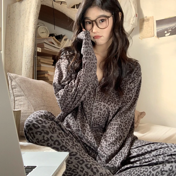 豹纹高个子睡衣女春秋新款长袖阔腿裤高级感轻奢复古老钱风家居服