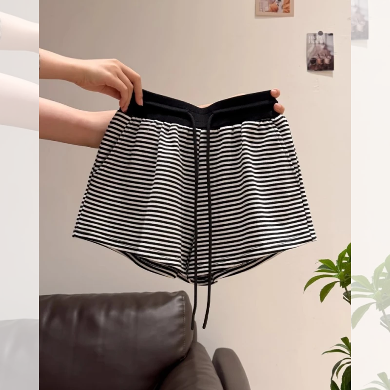 小婉薇辣妹条纹抽绳高腰短裤女夏季新款时尚百搭设计感热裤阔腿裤
