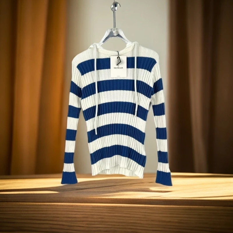 未使用 MONCLER Moncler 针织条纹连帽长袖 白蓝/XS